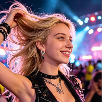 Y2K Black Star Dangle Hoop Earrings for Women Men | Silver Punk Ring Huggie, Edgy Gothic Star Charm, Streetwear Fashion