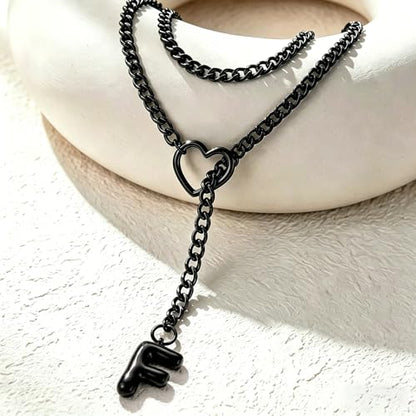 Black Heart Slip Chain Initial Necklaces for Women, Stainless Steel Wrap Choker Necklace, Gothic O-Ring Adjustable Lariat Y Necklaces, Punk Cuban Collar Choker Necklace, Halloween Jewelry Gift - color: Black F