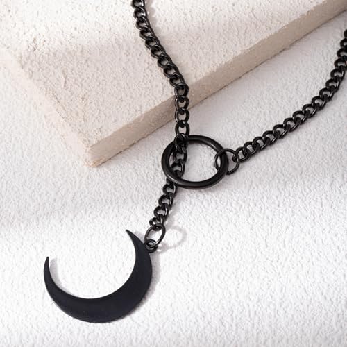 Slip Chain Necklaces for Women Stainless Steel Bar Pendant Choker Necklace Boho Handmade Long Lariat Necklace Silver Statement Punk Rock Collar Jewelry - style: layered black moon