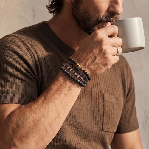 Flybar Men's 4 Piece Beaded Bracelet Set, Natural Lava Stone Black Onyx Matte Agate Tiger Eye, Stretchable Elastic Handmade Stackable - color: MK05 Rock Tiger eye Wood