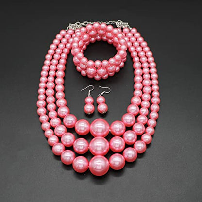 Big Chunky Pearl Necklace and Earrings Set Large Costume 1920s Faux Pearls Gatsby Accessories - color: A-Pink