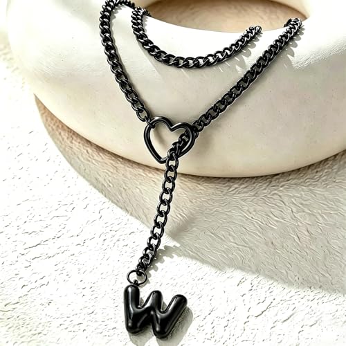 Black Heart Slip Chain Initial Necklaces for Women, Stainless Steel Wrap Choker Necklace, Gothic O-Ring Adjustable Lariat Y Necklaces, Punk Cuban Collar Choker Necklace, Halloween Jewelry Gift - color: Black W
