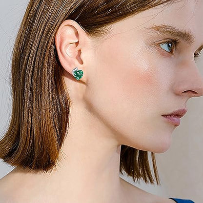 AOBOCO 925 Sterling Silver Cute Cat Studs Earrings for Women | Heart Crystals from Austira Cats Jewelry Gifts for Cat Lovers - color: Emerald Green