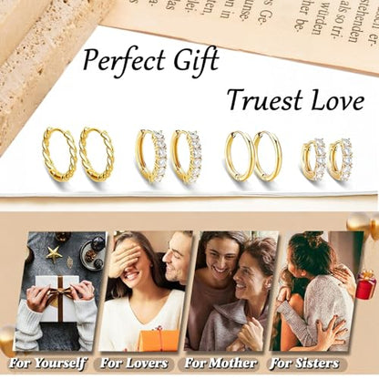 4 Pairs Small Huggie Hoop Earrings for Women, 14k Gold Plated Hypoallergenic Earrings, Lightweight Cartilage Earring stacks, Minimalist Gold Jewelry Gift Set
