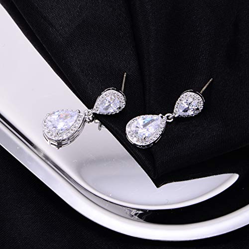 Pave Teardrop Earrings for Wedding Sterling Silver Double Pear Shaped CZ Cubic Zirconia Crystal Rhinestone Birthstone Dangle Earrings Bridal Jewelry for Bride Bridesmaids - color: Noble Silver