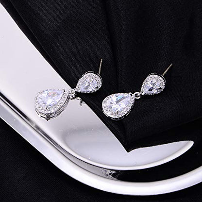 Pave Teardrop Earrings for Wedding Sterling Silver Double Pear Shaped CZ Cubic Zirconia Crystal Rhinestone Birthstone Dangle Earrings Bridal Jewelry for Bride Bridesmaids - color: Noble Silver