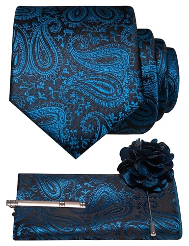 JEMYGINS Mens Paisley Tie and Lapel Pin Necktie Pocket Square and Tie Clip with Sets for Business Casual 4PCS - color: Teal Blue