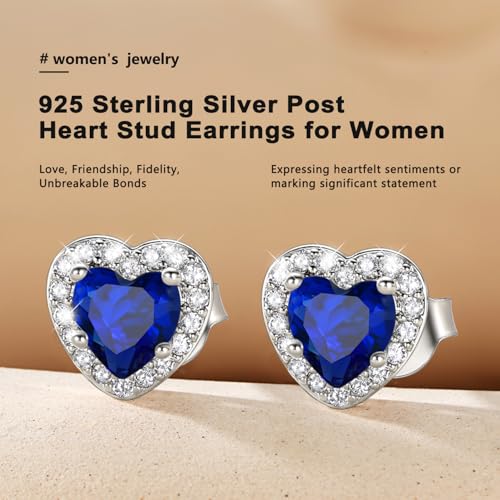 Bestyle 8mm Small Birthstone Earrings for Women with Hypoallergenic Sterling Silver Post,Sparkle Heart/Round Womens Studs Earrings, Great Birthday/Christmas/Anniversary Jewelry for Wife Mother - color: 09. Sept. Sapphire-Heart