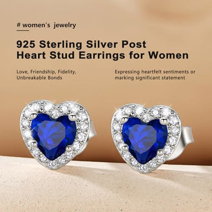 Bestyle 8mm Small Birthstone Earrings for Women with Hypoallergenic Sterling Silver Post,Sparkle Heart/Round Womens Studs Earrings, Great Birthday/Christmas/Anniversary Jewelry for Wife Mother - color: 09. Sept. Sapphire-Heart