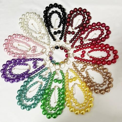 xuzhiyuan Statement Pearl Jewelry Set for Women - Includes Necklace, Bracelet, Earrings, and Ring | Colorful Faux Pearl Fashion Jewelry Set for Party, Wedding, Daily Wear - color: Purple