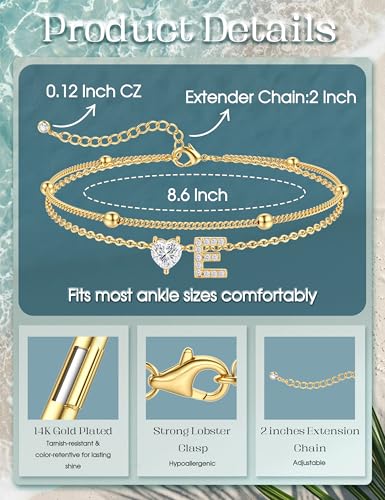 Kakonia Double Layer Initial Anklet for Women, 14K Gold Plated Heart Ankle Bracelet, Personalized A-Z Letter, Waterproof Non Tarnish Cubic Zirconia Dainty Adjustable Summer Beach Jewelry Gift - style: Letter E