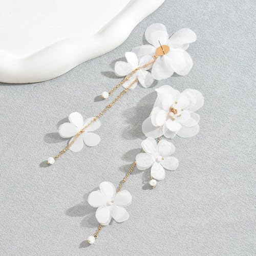 Flower Earrings for Women Long Fabric Flower Tassel Earrings Bohemian Handmade Floral Statement Earring Wedding Prom Jewelry Gifts - color: A1：white