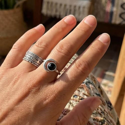 Sun and Moon Ring, Adjustable Natural Stone Rings for Women & Men, Boho Celestial Jewelry for Daily Wear - color: Black Onyx