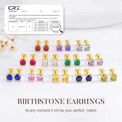 Small Birthstone Flat Back Stud Earrings for Women, 14K Real Gold Plated Hypoallergenic Earring Dainty CZ Cartilage Stud Earring Stack, Perfect Birthday Gifts for Women Her - color: 14K Gold Plated-02-February-Amethyst Purple