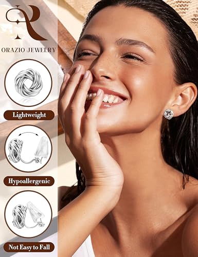 ORAZIO Clip On Earrings Women Geometric Statement Unique Non Pierced Earrings 14K Gold Plated Knot Chunky Drop Dangle Hoop Stud Clip-on Earrings for Women Trendy - color: Style D-Silver Plated