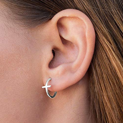 Me&Hz Gold Huggie Earrings Small Huggie Hoop Earrings for Women 14K Gold Plated Hypoallergenic Cubic Zirconia Huggies Mini Silver Hoop Earring for Women - color: Silver,Cross