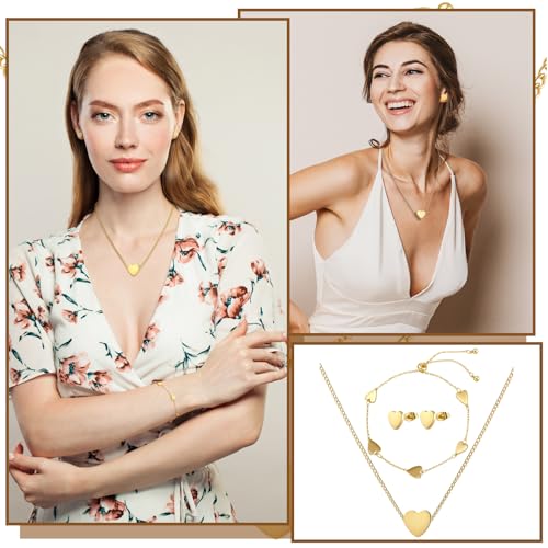 3 Pcs Heart Bow Snow Jewelry Set | Heart Necklace with Bracelet Earring, Snow Jewelry Set for Women, Bow Charms Toggle Gifts - color: Gold, style: Heart