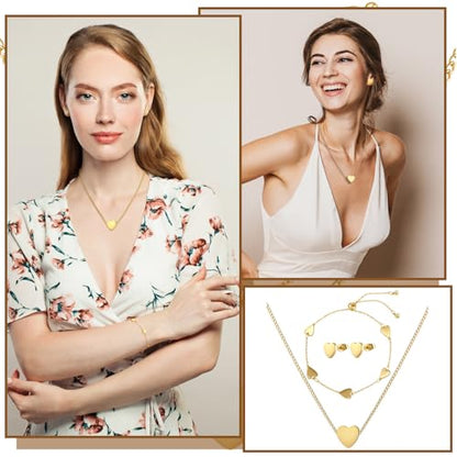 3 Pcs Heart Bow Snow Jewelry Set | Heart Necklace with Bracelet Earring, Snow Jewelry Set for Women, Bow Charms Toggle Gifts - color: Gold, style: Heart