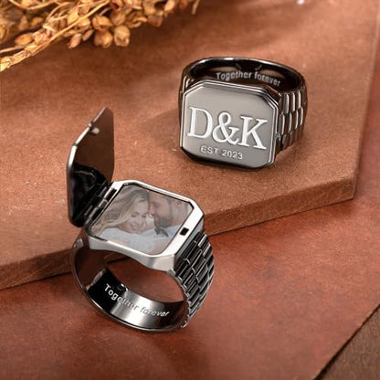 AILIN Custom Picture Rings For Men Personalized Engraved Monogram Initial Number Family Crest Coat of Arms Signet Rings For Father Son Family Memorial Dad Rings Class Graduation Gifts For Papa - style: Square Style