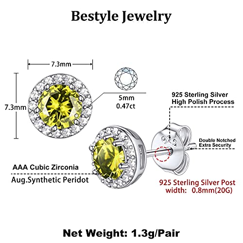Bestyle Sparkling 925 Sterling Silver Birthstone Stud Earrings for Women, Heart/Round/Teardrop/Square Solitaire Diamond Studs Earrings, Great Birthday/Christmas Gifts - style: 08. Yellow Peridot-Aug.-round
