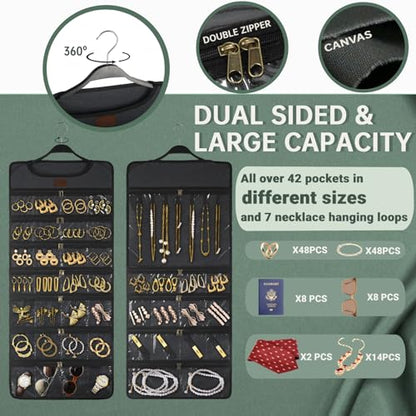 SMRITI Hanging Jewelry Organizer with Dual Zippered Pockets Canvas Double Sided Rotating Hanger Necklace Hanging Wall Organizer Earring Dustproof Holder Wall Mount Accessories Display Bag(Dark Grey) - color: #1-Dark Grey