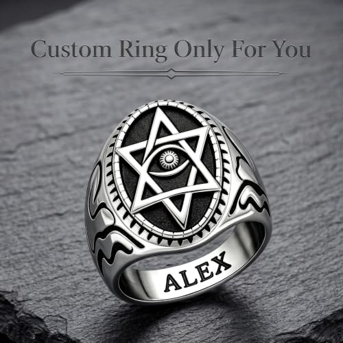 Dacc & Aya Custom Engraved Vintage Signet Ring 925 Sterling Silver Black Oxidized Personalized Statement Jewelry for Men - style: A-Hexagram
