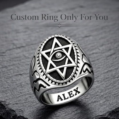 Dacc & Aya Custom Engraved Vintage Signet Ring 925 Sterling Silver Black Oxidized Personalized Statement Jewelry for Men - style: A-Hexagram