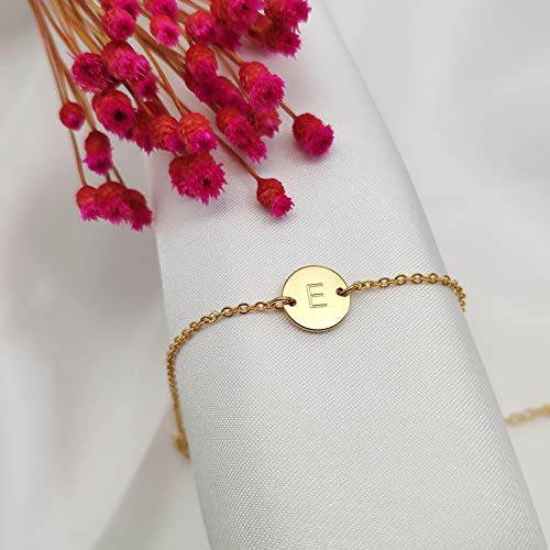 Ovian Initial Charm Bracelet for Women 18K Gold Plated stainless steel Coin Disc Engraved Letter Bracelet Personalized Monogram Name Bracelet - color: E