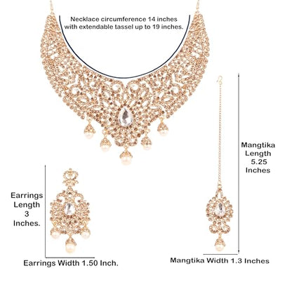 Touchstone Indian jewelry sets for women tikka wedding necklace costume guest statement bollywood rhinestones crystal faux pearls gold big royal neck piece set bridal fashion accessories - color: Gold