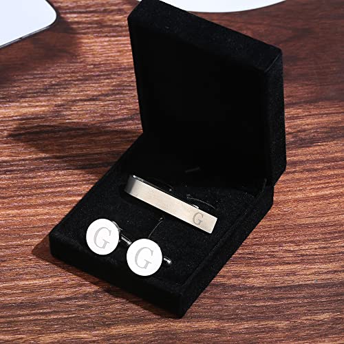 Initial Cuff Links Mens and Tie Clips for Men | Classic Silver Letter Alphabet A-Z Cufflinks and Tie Bar Set, Gifts for Men Father Husband for Formal Business Wedding - style: G