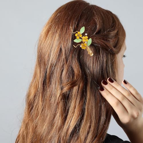 Bridal Flower Hair Clips, Crystal Hair Pins Pearl Rhinestone Hair Barrettes, Wedding Hair Pieces Pearl Headpieces Hair Accessories for Women Girls - color: Green&Yellow