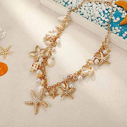 RUOFFETA Shell Starfish Necklace Bracelet Conch Statement Chunky Necklace Mermaid Costume Jewelry Beach Jewelry for Women - style: Necklace