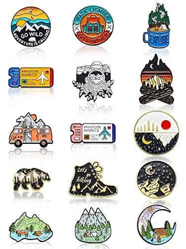 15 Pcs Enamel Pins for Backpack Hat Outdoors Adventure Brooch Pins Cute Camping Lapel Nature Aesthetic Jewelry for Women Men Clothing Bags DIY Crafts Gifts