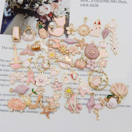 40pcs(20PAIRS) Assorted Gold Tone Enamel Animals Fruit Moon Star Dainty Dangle Flowers Pendants Charms for Jewelry Making Necklace Bracelet, Pink Theme