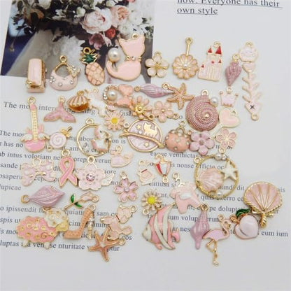40pcs(20PAIRS) Assorted Gold Tone Enamel Animals Fruit Moon Star Dainty Dangle Flowers Pendants Charms for Jewelry Making Necklace Bracelet, Pink Theme