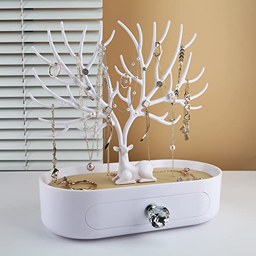 MORE&LESS Antlers Jewelry Display Stand with Drawer and Crystal Handle, Tree Tower Rack Hanging Organizer for Ring Earrings Necklace Bracelet - color: C White-Drawer-Crystal Handle