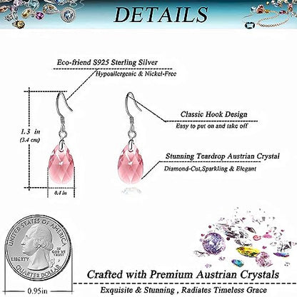 Austrian Crystal Teardrop Drop Earrings for Women, French Hook | 925 Sterling Silver Hook, Crystal Dangle Earrings, Sparkly Teardrop Stone, Lightweight Feel, Day-To-Evening Wear - color: Pink