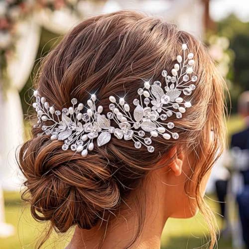 Flower Bride Wedding Hair Accessory Crystal Headpiece Hair Vine | Silver Leaf Bridal Hair Accessories Pearl Headpieces for Women - color: A-Silver