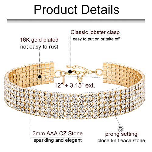 Zealmer 18K Yellow Gold Plated 1-5 Rows Rhinestone Choker Necklace & Stretch Bracelets Set Wedding Jewelry - style: 5 Row
