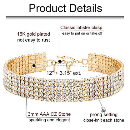 Zealmer 18K Yellow Gold Plated 1-5 Rows Rhinestone Choker Necklace & Stretch Bracelets Set Wedding Jewelry - style: 5 Row