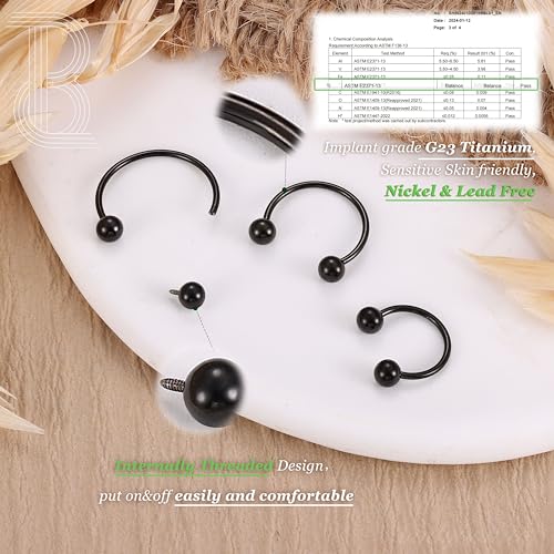 G23 Titanium 14/16/18/20G Septum Rings Horseshoe Nose Ring Jewelry | 2/3Pcs Circular Barbell Spike Lip Body Piercing Jewelry Conch Helix Tragus Earring Silver/Black 8/10/12mm 14K Gold Plated - color: Black-3pcs, size: Balls-3pcs-20g-8mm