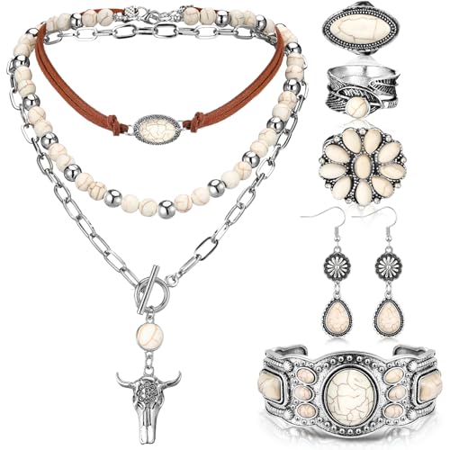 Ecally Bohemian Western Jewelry Turquoise Set Women Country Pendant Long Choker Layered Bracelets Earrings Ring for Women - color: White, style: Fashion