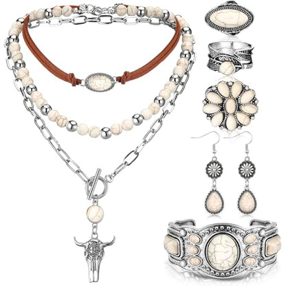 Ecally Bohemian Western Jewelry Turquoise Set Women Country Pendant Long Choker Layered Bracelets Earrings Ring for Women - color: White, style: Fashion