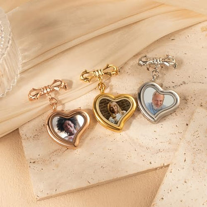 Personalized Photo Wedding Bouquet Charm, Double Sided Round Glass Photo Locket Pendant Pin Brooch, Handmade Memorial Picture Frame Bridal Shower Gift For Bride & Groom - color: Tilted Heart - Gold