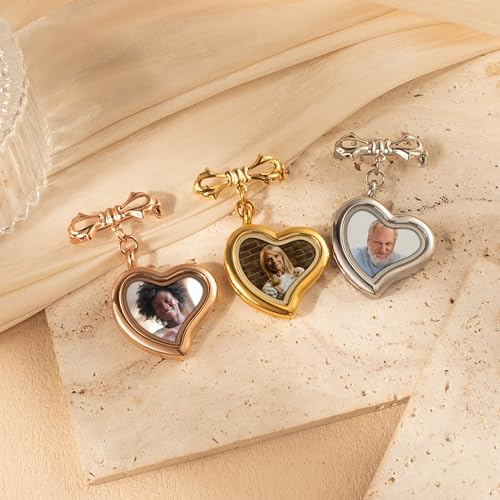 Personalized Photo Wedding Bouquet Charm, Double Sided Round Glass Photo Locket Pendant Pin Brooch, Handmade Memorial Picture Frame Bridal Shower Gift For Bride & Groom - color: Tilted Heart - Silver