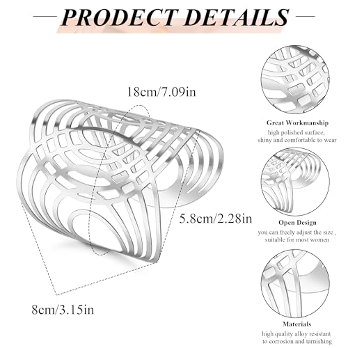 2Pcs Cuff Bangle Bracelet for Women Open Wide Bangle Bracelet Set | minimalist statement bangle bracelets，wrist cuff wrap bracelet adjustable，open wide wire grooved hammered bracelet set - color: 2PCS-Sliver-G