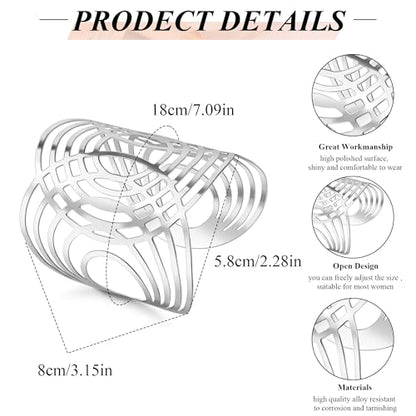 2Pcs Cuff Bangle Bracelet for Women Open Wide Bangle Bracelet Set | minimalist statement bangle bracelets，wrist cuff wrap bracelet adjustable，open wide wire grooved hammered bracelet set - color: 2PCS-Sliver-G