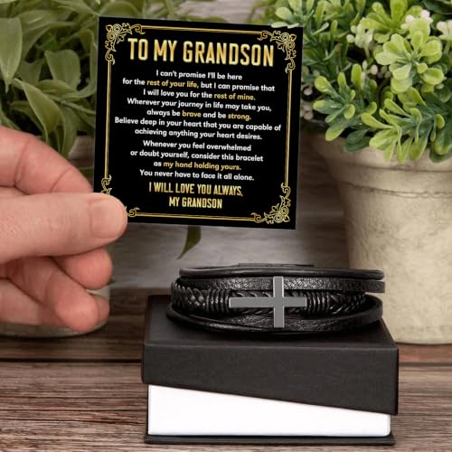 To My GrandSon Bracelet – Cross Braided Leather Bracelet, Meaningful GrandSon Gift from Grandpa & Grandma with Heartfelt Message Card & Elegant Gift Box for Birthday, Christmas, Graduation - color: Version#1