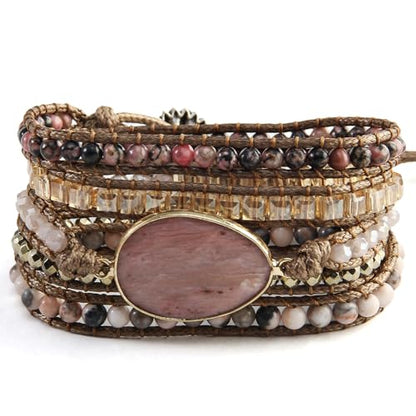 Women Wrap Bracelet Boho Natural Jasper Crystal Stone Beads Strand Bracelets - color: Style 06-Rhodonite
