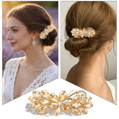 Large Gorgeous Rhinestone Hair Barrette for Women Ladies Flower Crystal Rhinestones Barrette Pearl Spring Hair Clip Hair Styling Lady Ponytail Retro Accessories for Daily present Mothers Day present